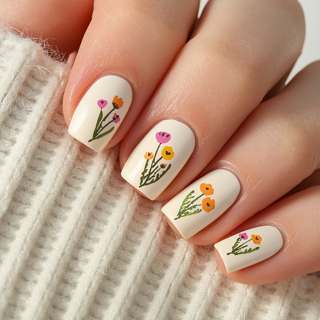 spring nail ideas 2026 with cottagecore floral nails on cream base with tiny wildflower designs