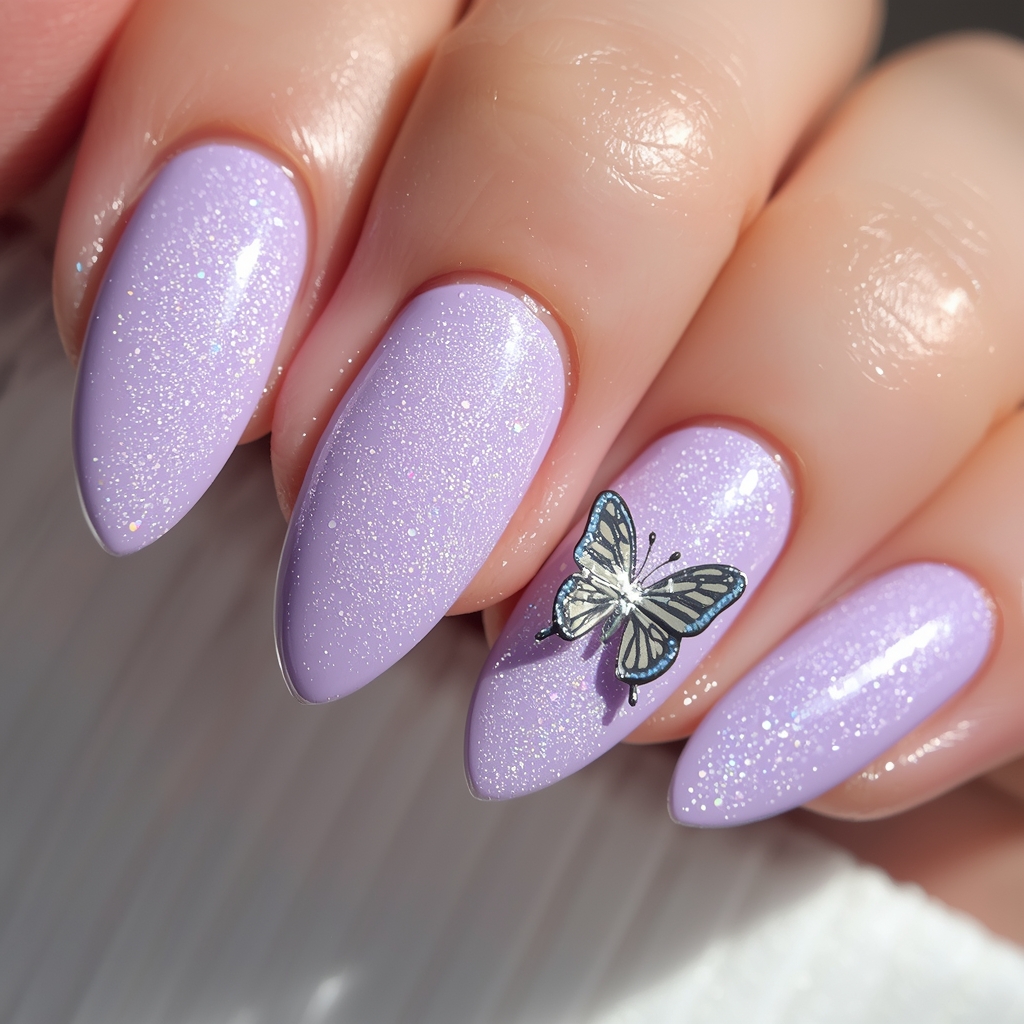 spring nail ideas 2026 with lavender butterfly nail art and holographic accents on long nails