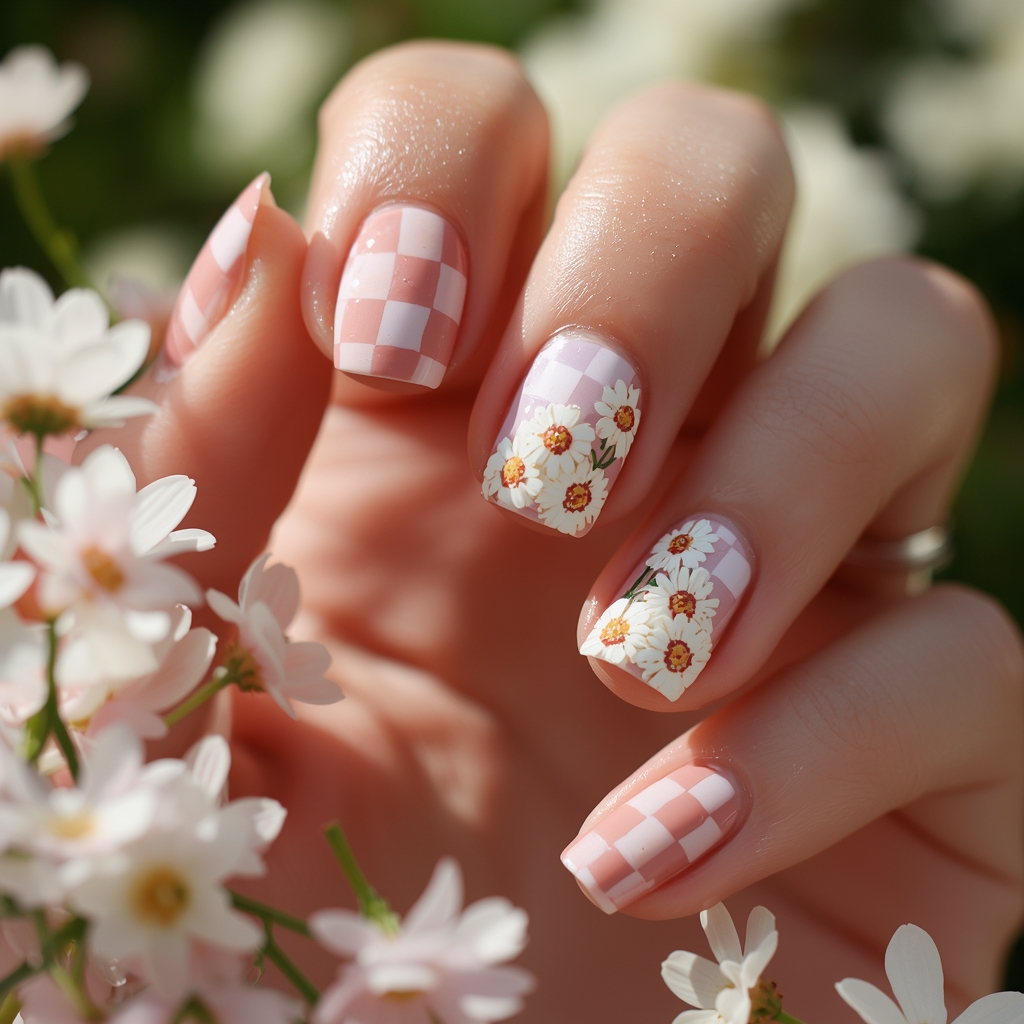 floral checkered spring nail design pastel 2026 cherry blossom accent
