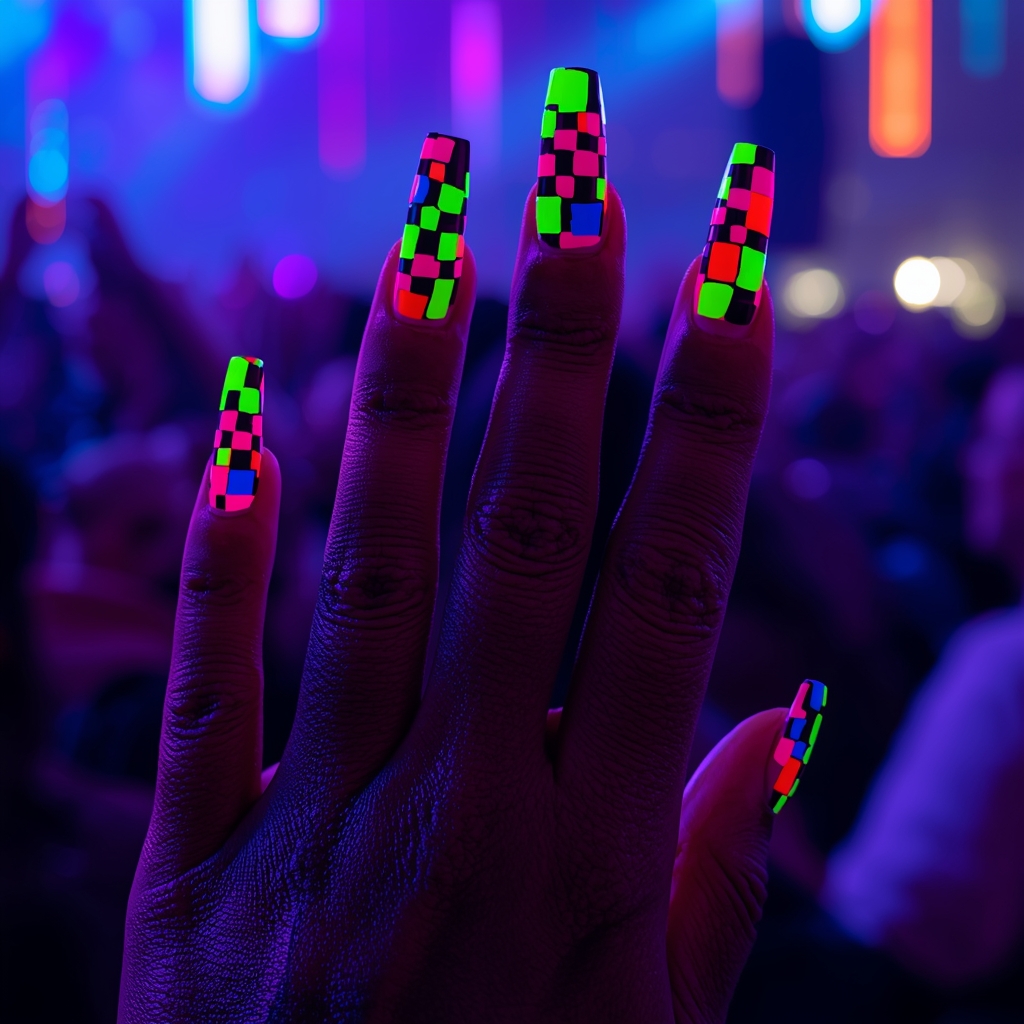 bold neon checkered nails spring 2026 electric green pink statement look