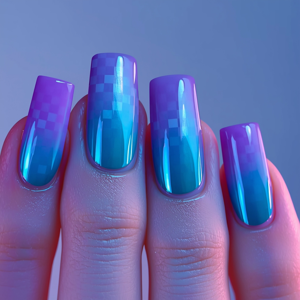 ombre checkered nail art spring 2026 gradient lavender teal design