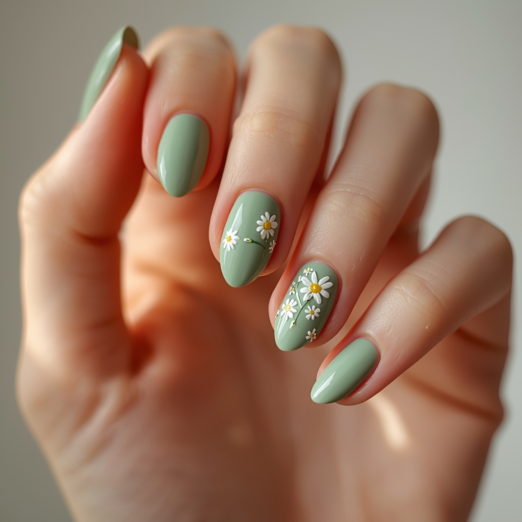 matcha nails white micro floral spring 2026 short nails