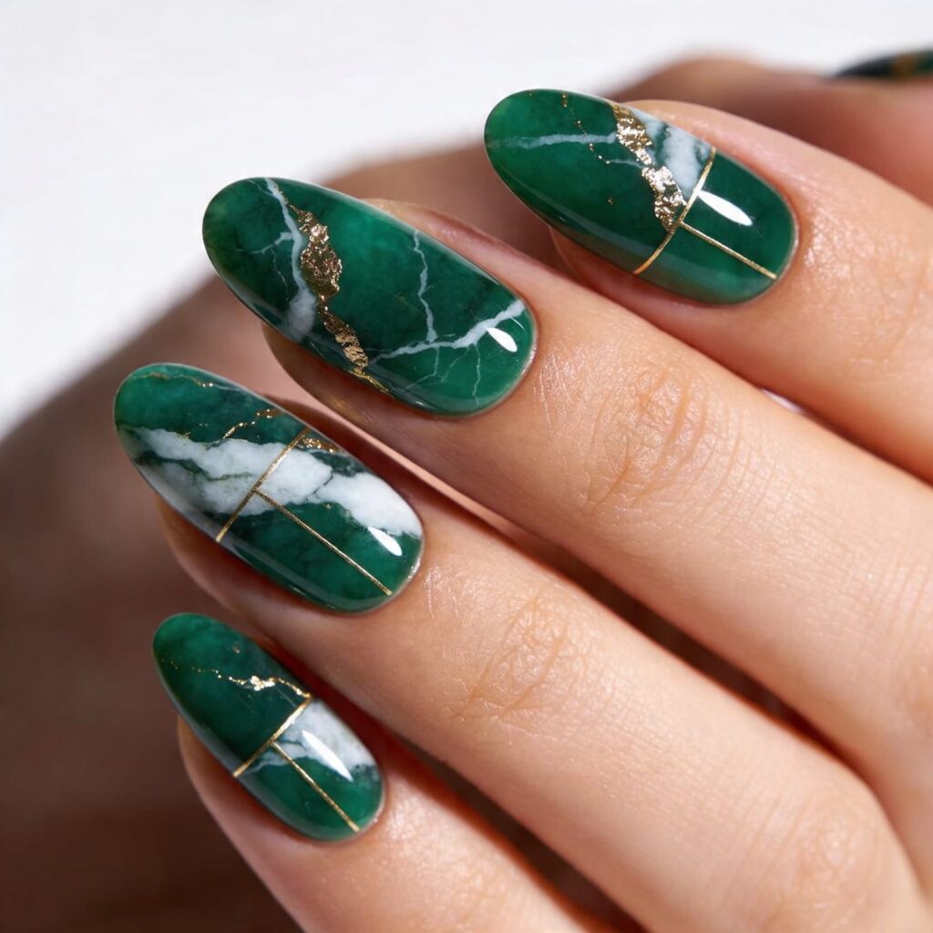 jade marble gel nails 2026 white gold veining luxury