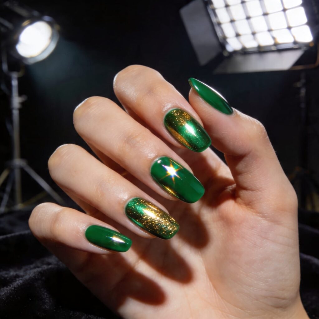 jade chrome gel nails spring 2026 mirror metallic green