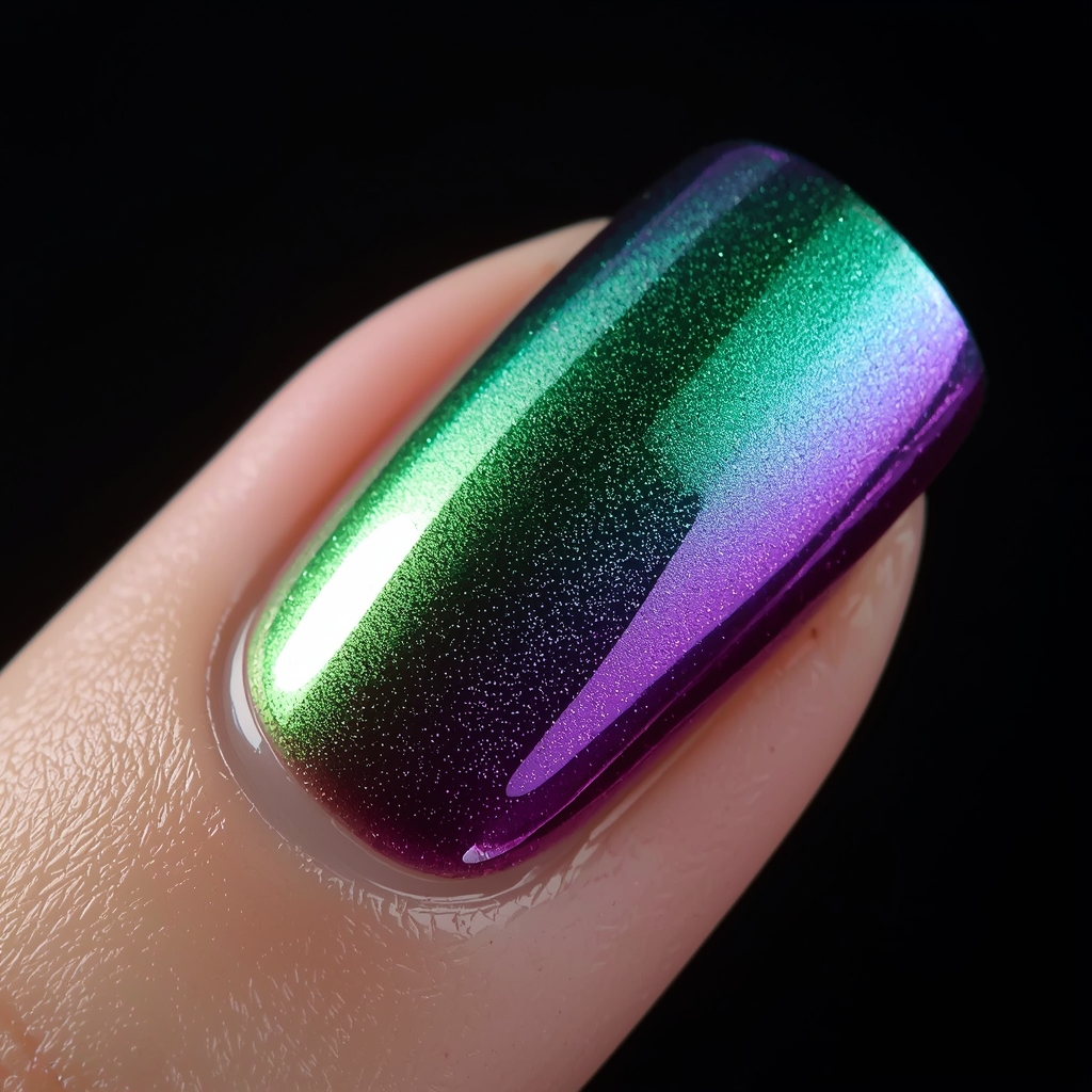 duochrome chrome nails spring 2026 color shifting mirror green purple