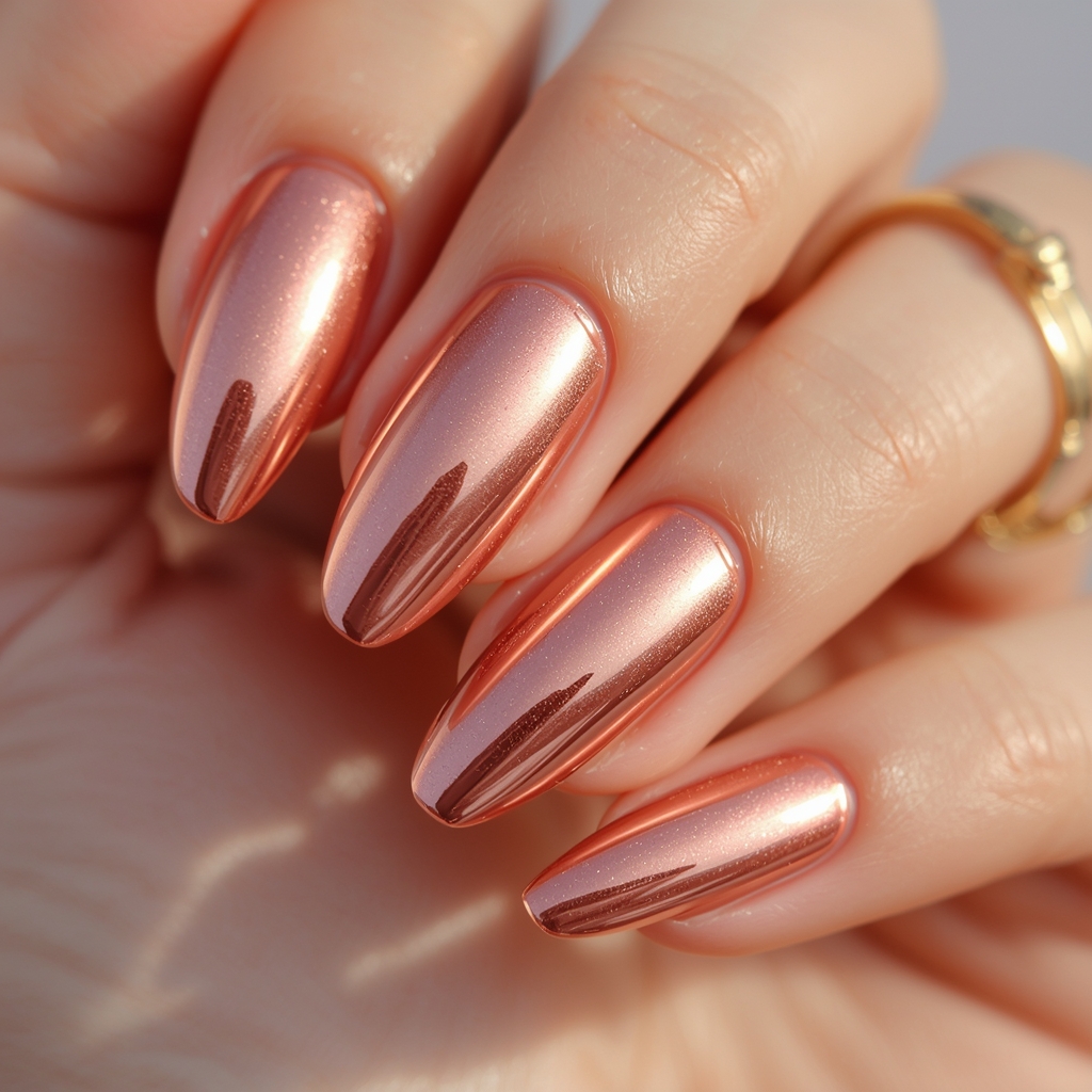 rose gold chrome nails spring 2026 warm pink metallic mirror finish