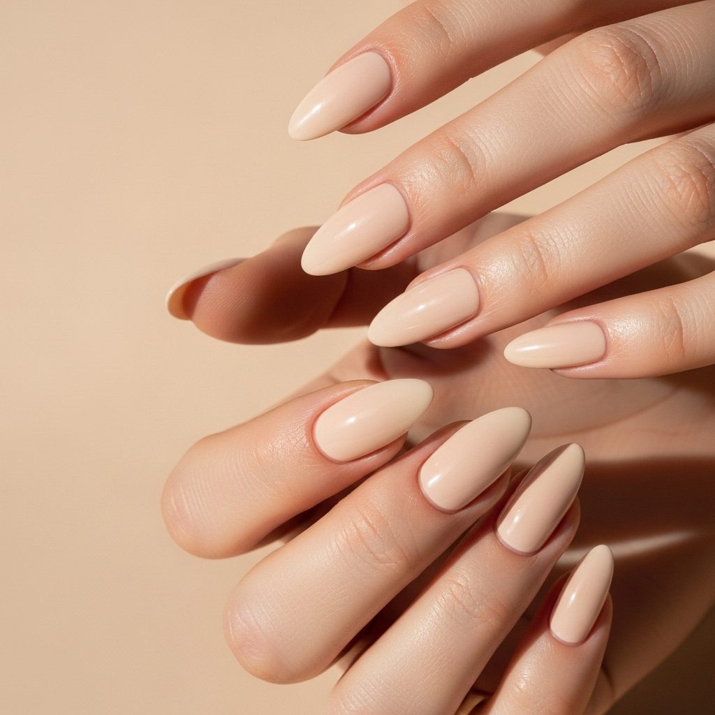 Elegant almond shape nude nails in soft beige tones showcasing quiet luxury nails 2026 old money aesthetic