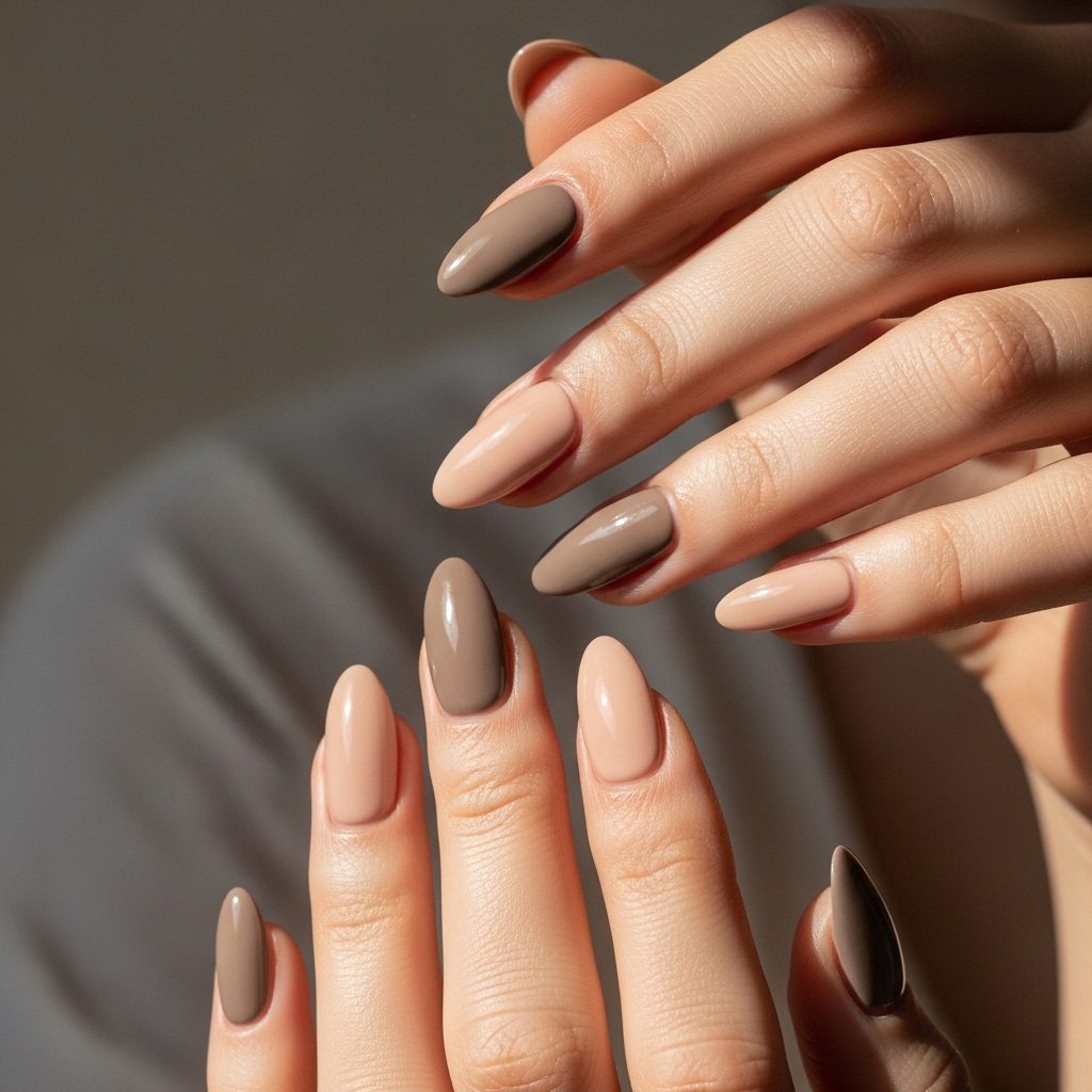 Muted nude almond nails in warm greige and taupe tones reflecting quiet luxury nails 2026 aesthetic