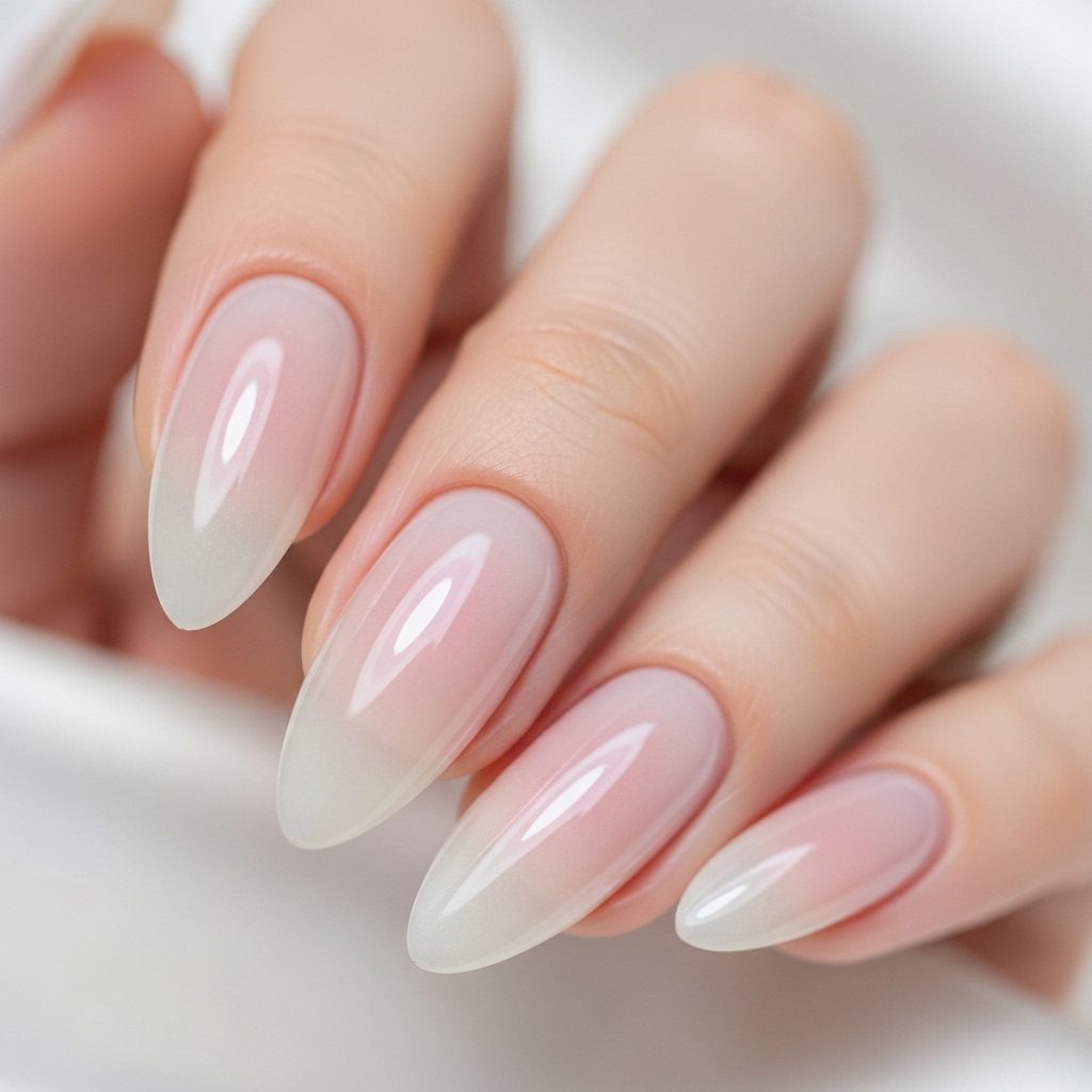 Glazed donut chrome almond nails with sheer pink base showing quiet luxury nails 2026 minimalist shine trend