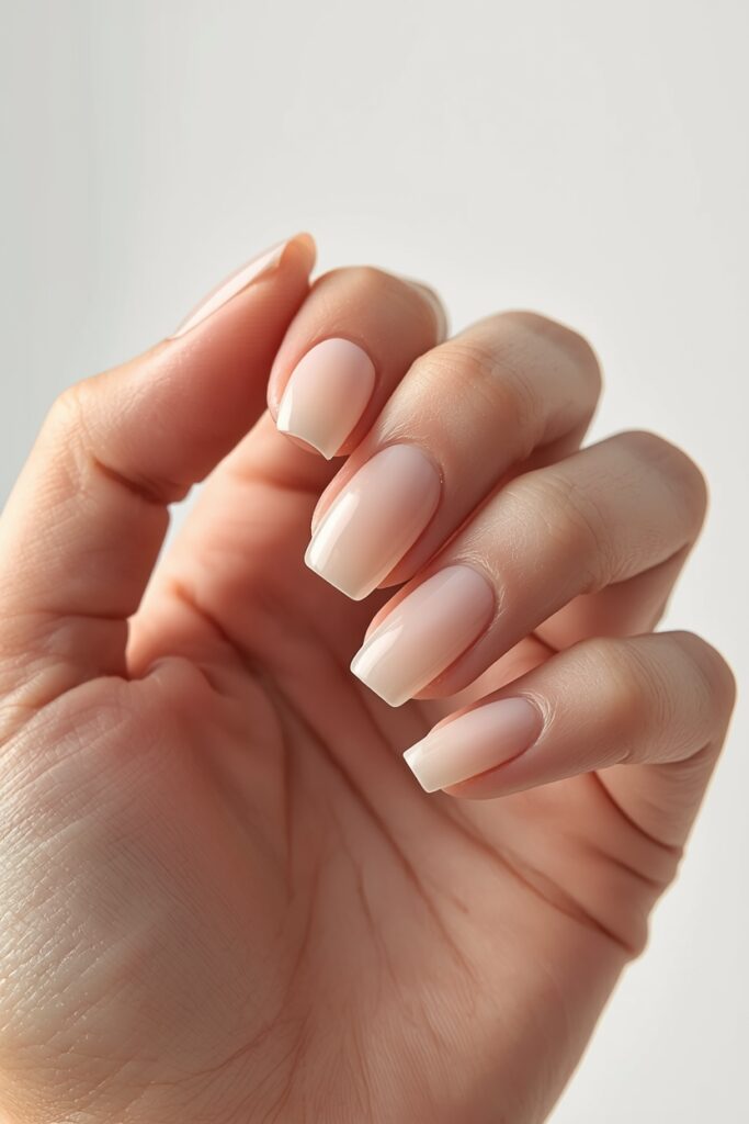 Short square prom nails in sheer nude gel polish 2026 minimal