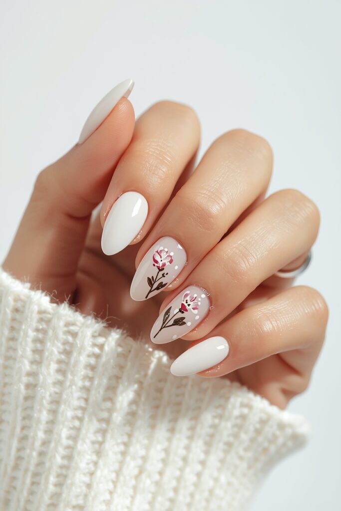Floral nail art almond prom nails white flowers on nude base 2026