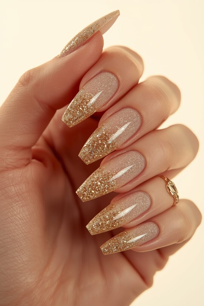 Champagne gold glitter ombre prom nails on coffin shape 2026