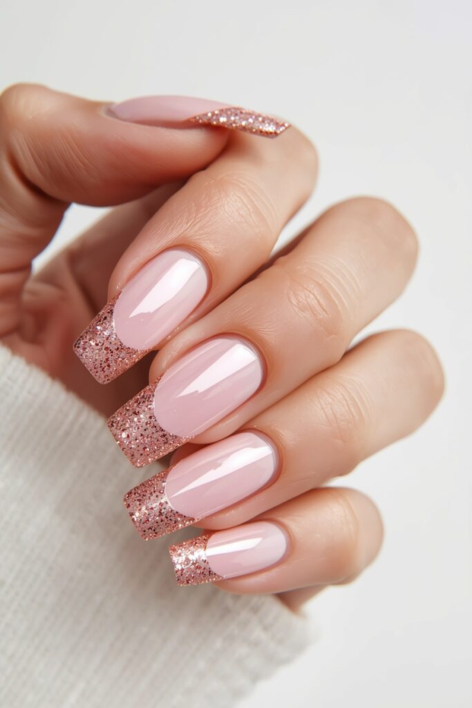 Pink chrome French tip prom nails with glitter accent on long square shape