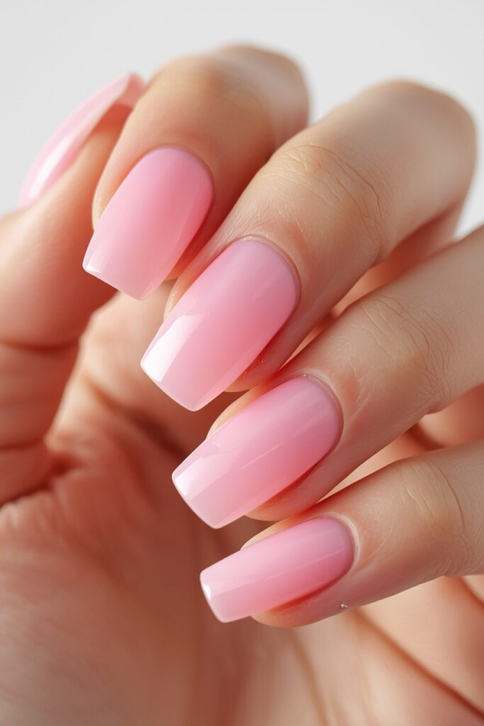 Short round prom nails with pink jelly glaze gel finish 2026