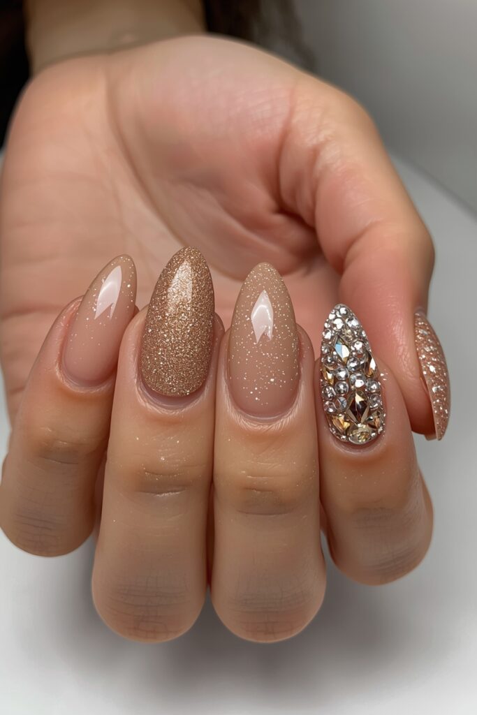 Pink glazed donut almond prom nails with chrome shimmer 2026