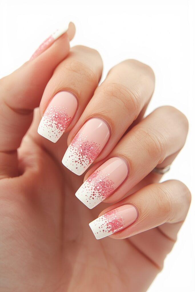 Pink to white glitter ombre prom nails on almond shape acrylic 2026