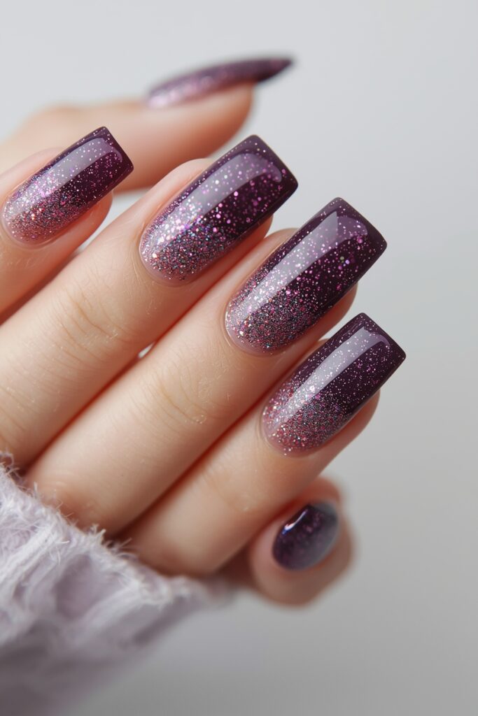 Purple glitter ombre prom nails with silver tips on long square shape