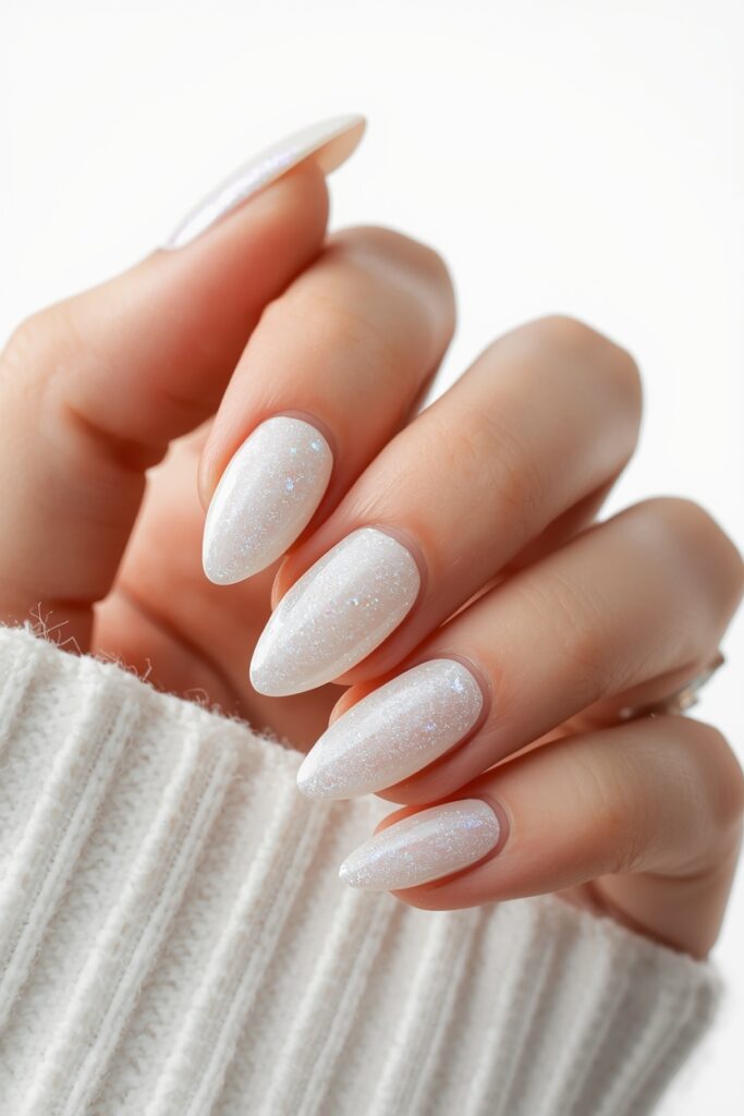 Short almond prom nails with pearl white shimmer finish 2026