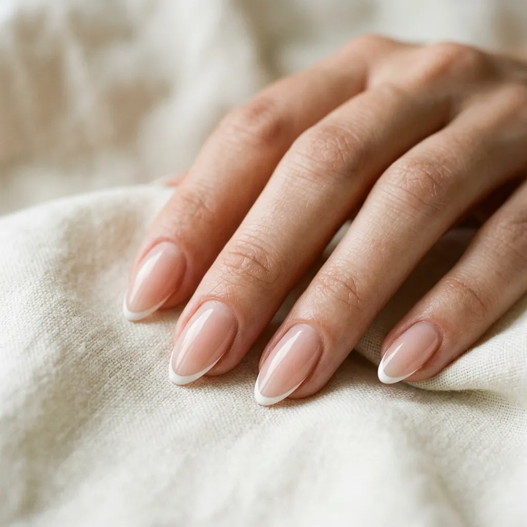 "Micro white French tip graduation nails 2026 on sheer blush almond shape — close-up macro"