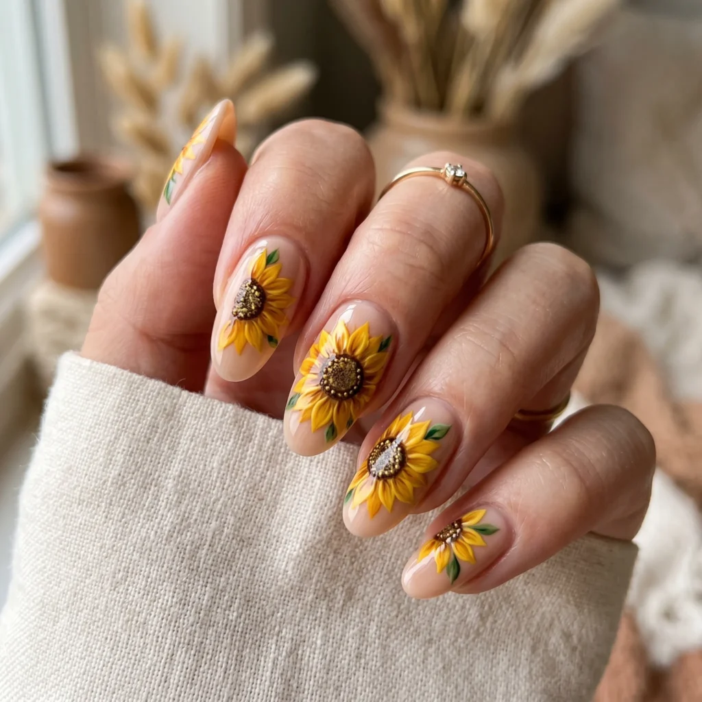 Classic sunflower nail art on nude oval nails with golden yellow petals and brown center