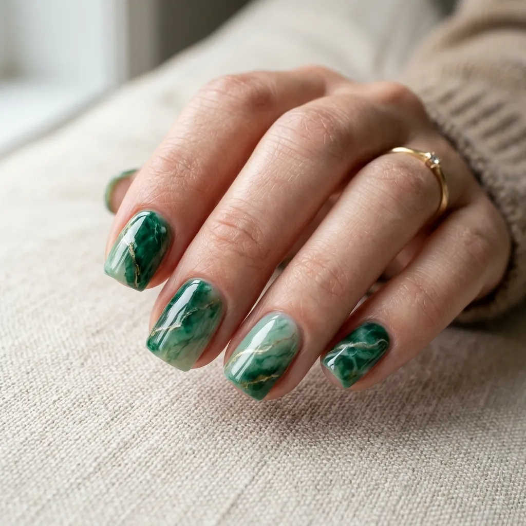 Short square nails featuring glossy jade marble nail art with elegant green veining on a neutral background.