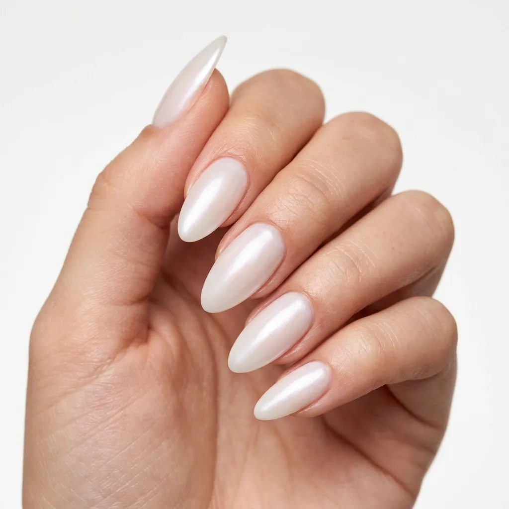 Close-up of milky white almond press-on nails with a soft pearl finish on a clean white background