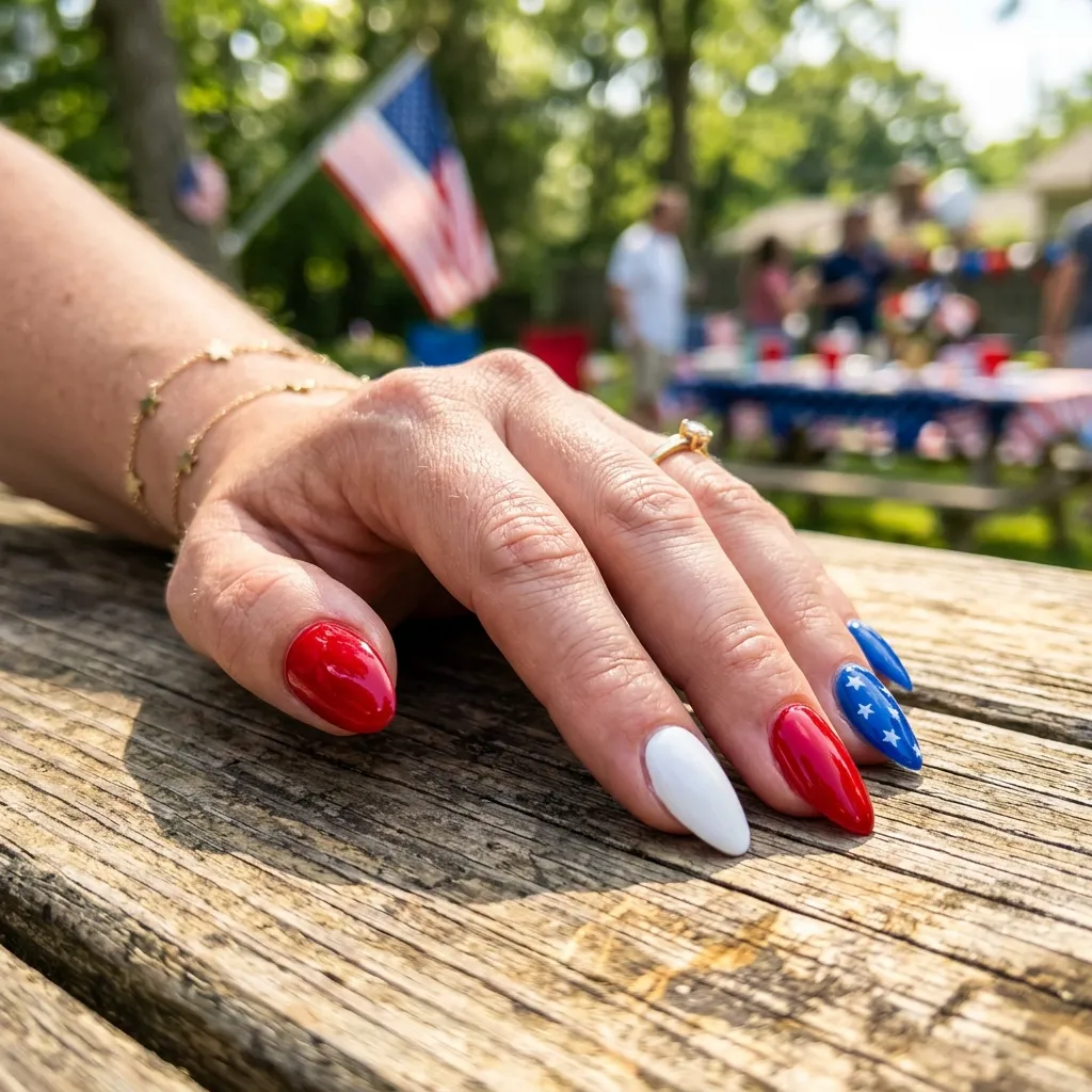 Fourth of July nails 2026 in red white and blue almond shape