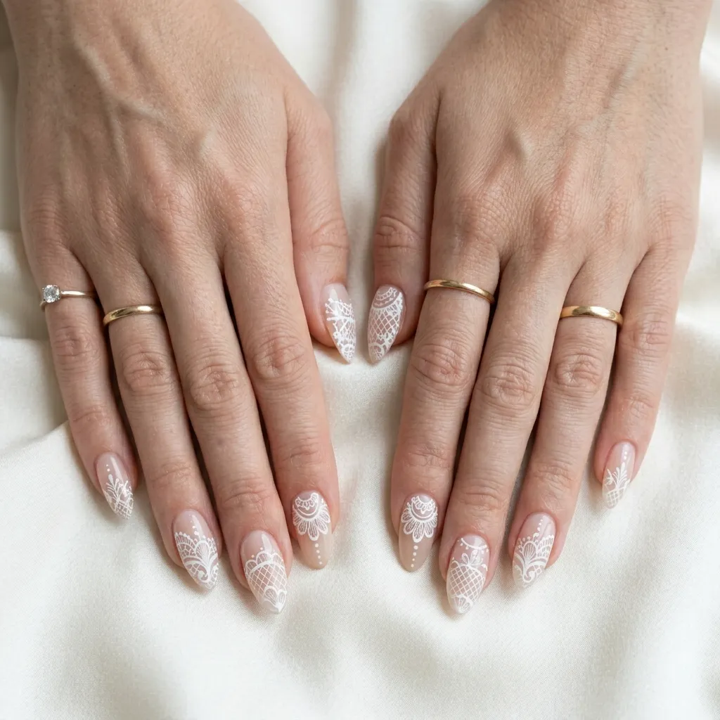 lace nails 2026 white lace nail art on nude almond nails