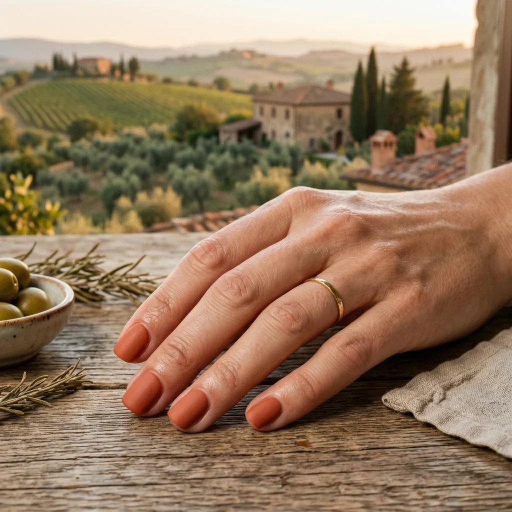 tuscan nails 2000s terracotta short square warm clay 2026