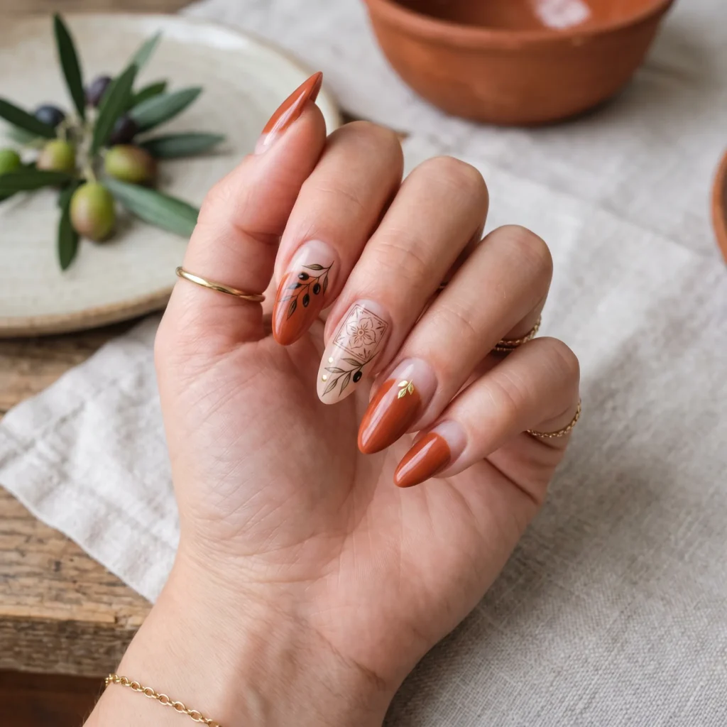tuscan nail art negative space terracotta almond 2026