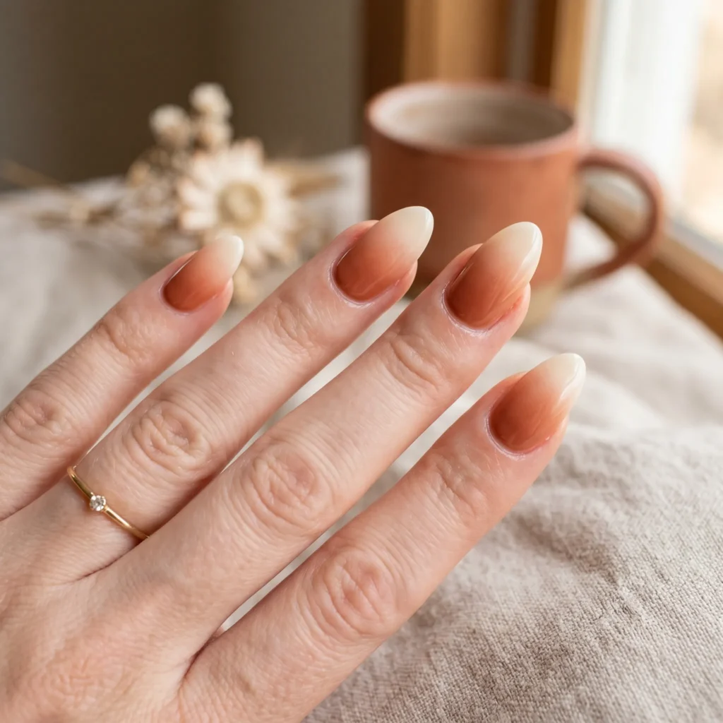 tuscan nail art terracotta to cream ombre almond 2026