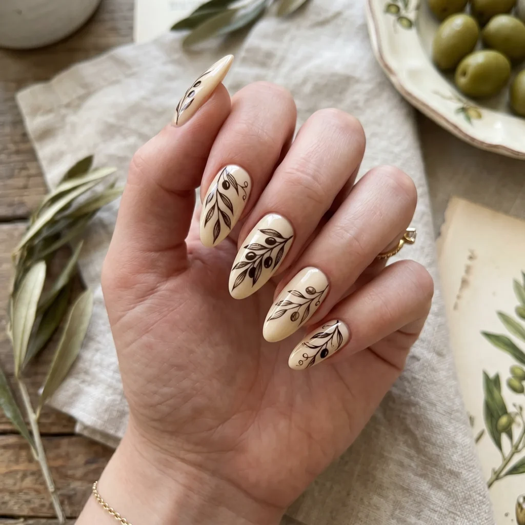 tuscan nail art botanical olive leaf line art cream base almond 2026