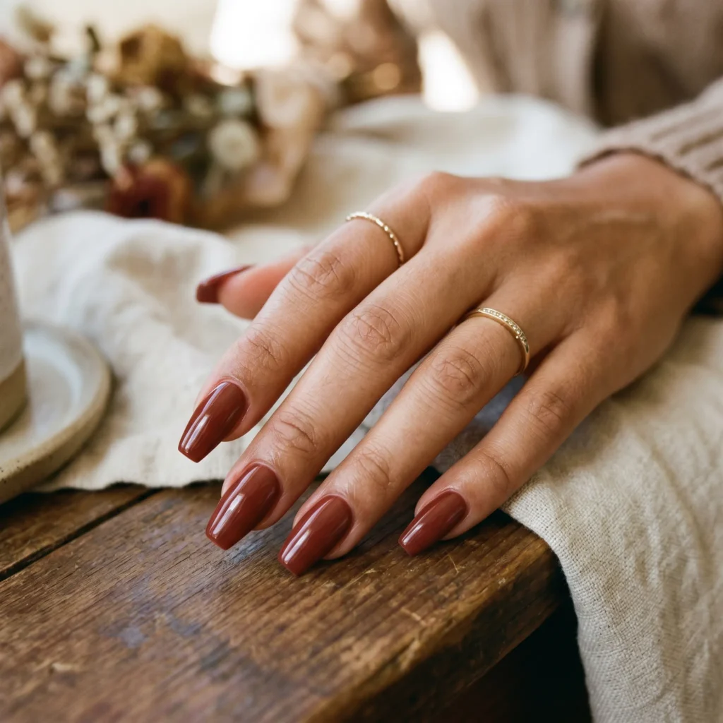 tuscan nail art deep clay brown long stiletto 2026