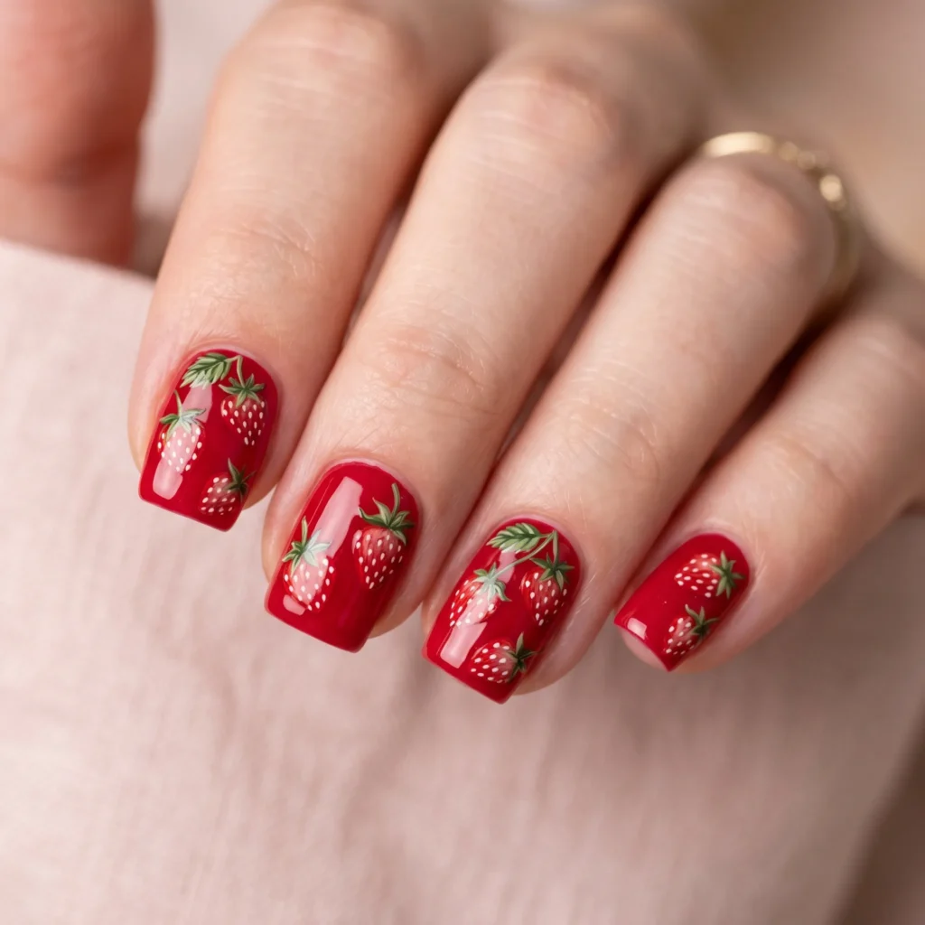strawberry nails 2026 realistic illustration short square red