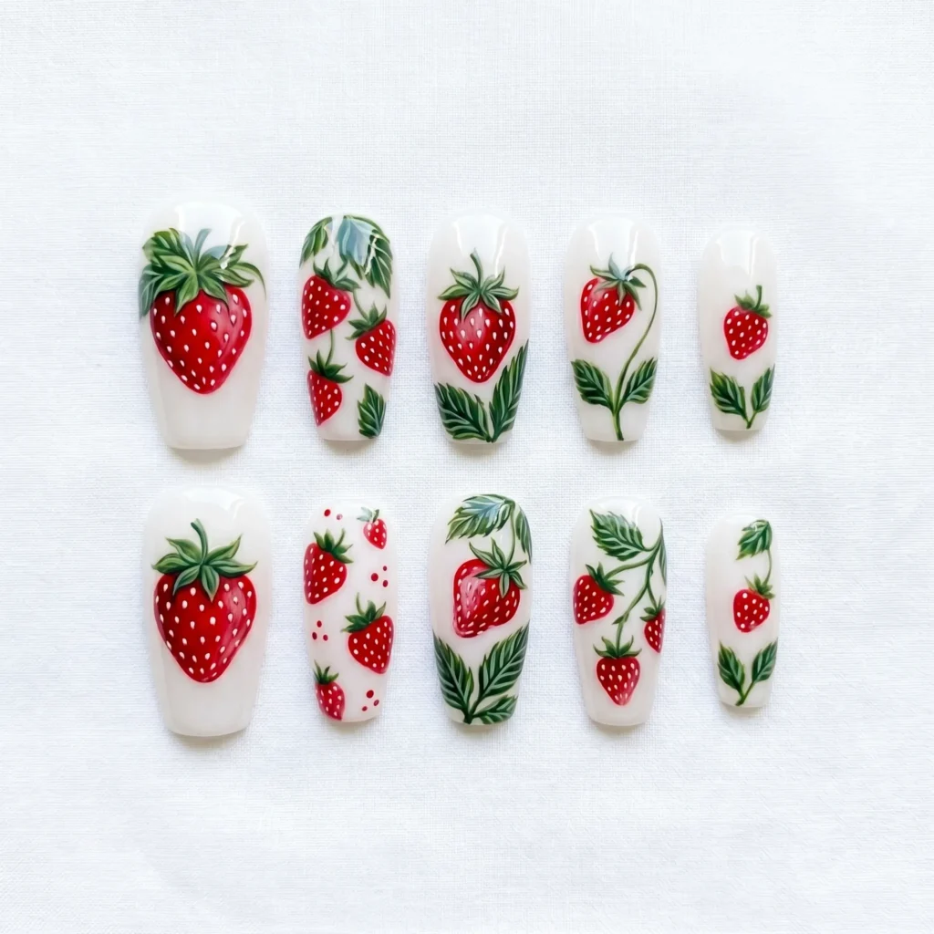 strawberry nails 2026 full set illustration medium coffin red green