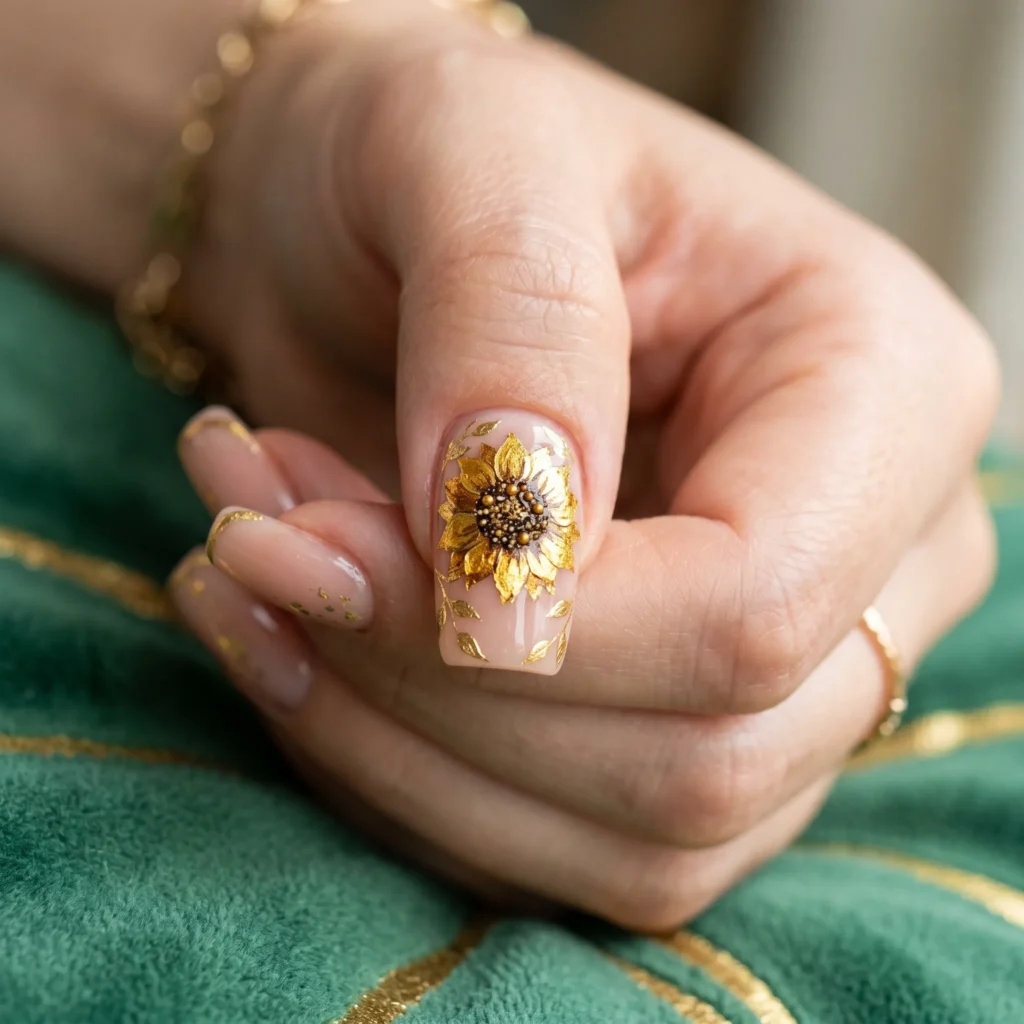 Gold foil sunflower accent nail art on nude squoval nails with shimmery petal texture