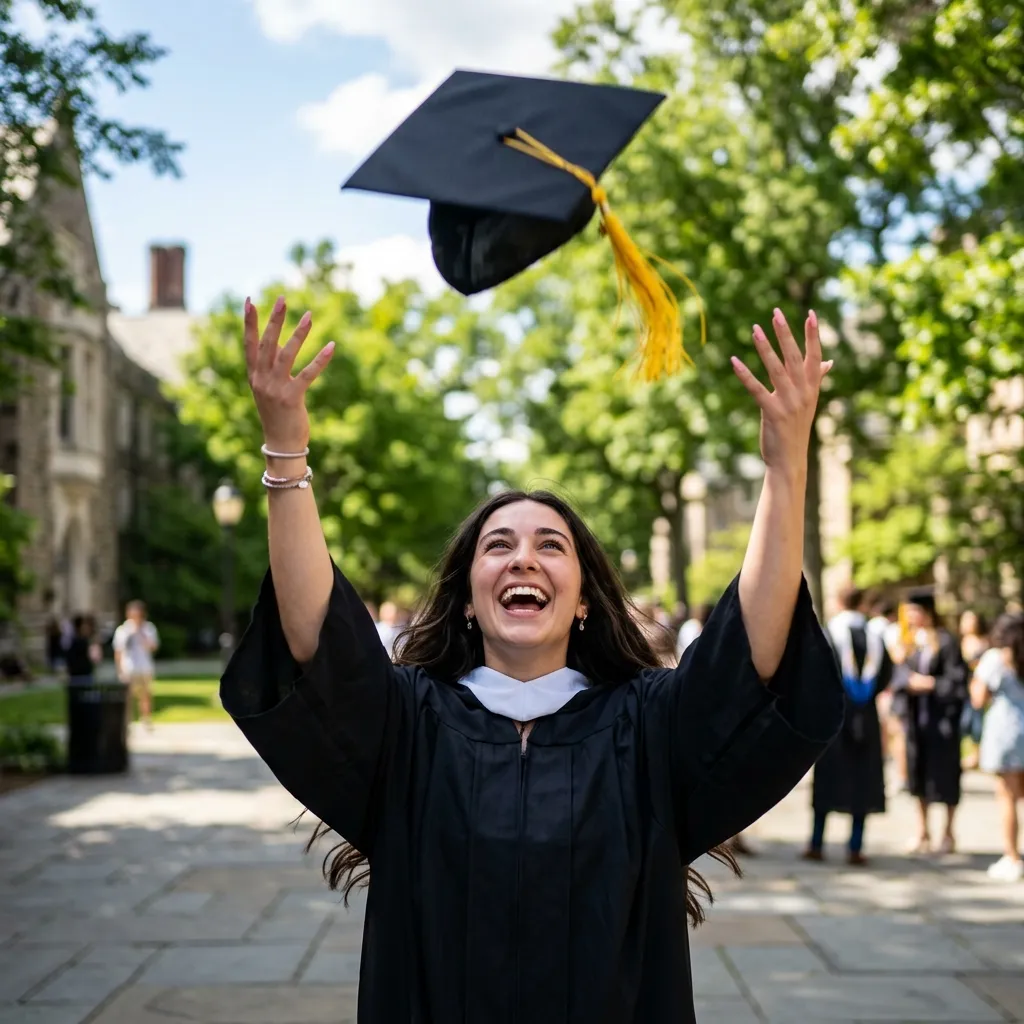 "Graduation cap toss with soft pink coffin nails — joyful outdoor graduation celebration"