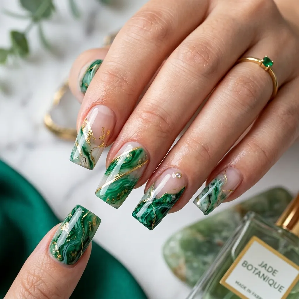 Negative space manicure with partial jade marble nail art and transparent sections.