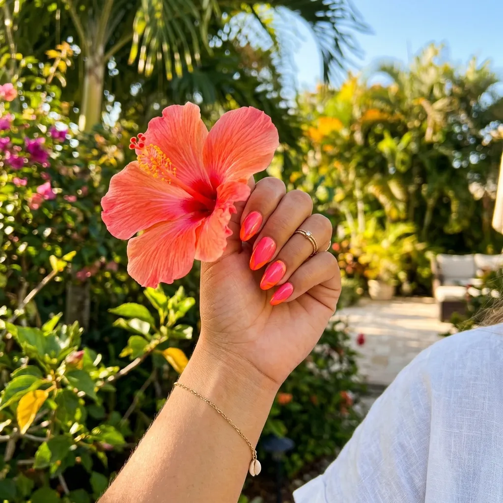 Hand with vivid coral and neon orange almond press-on nails holding a bright tropical flower outdoors