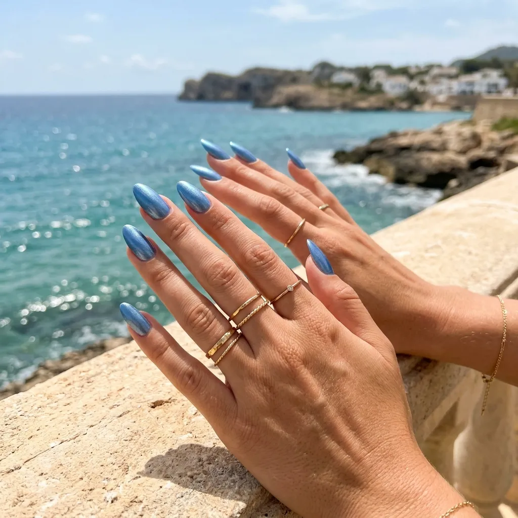Ocean washed denim blue metallic vacation nails 2026 almond shape