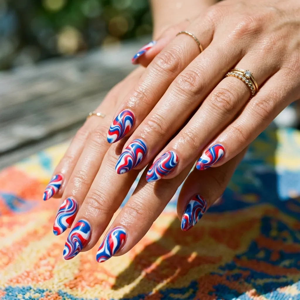 Red white and blue water marble nails fourth of july