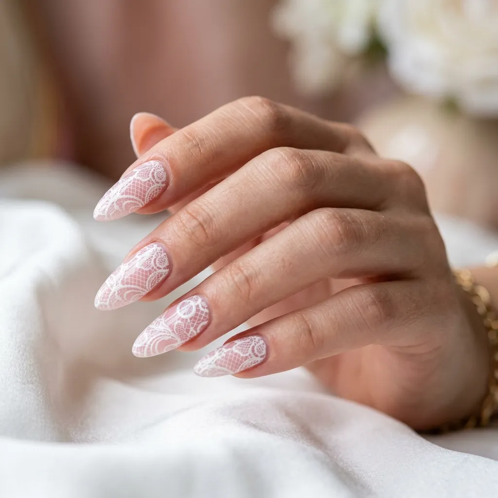 lace nails 2026 almond nail shape with white lace pattern