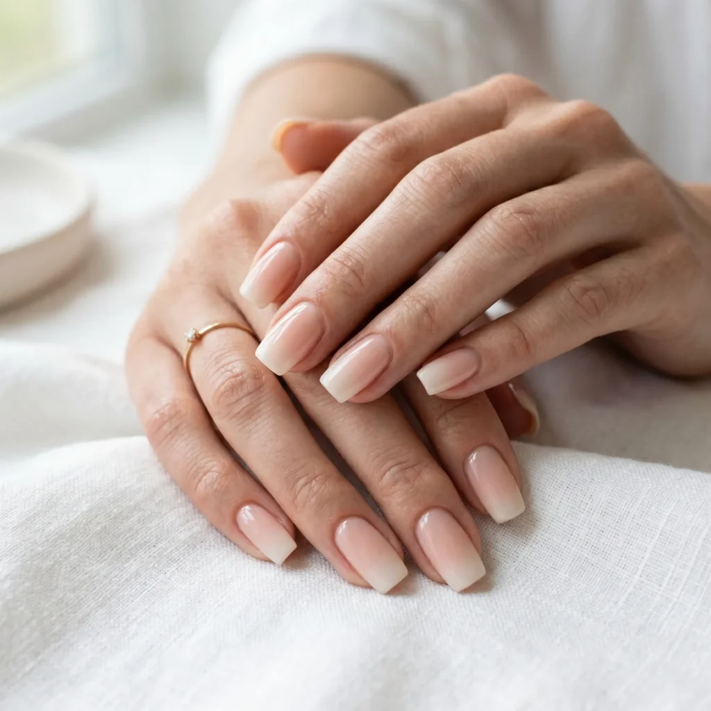 Mother's Day nails 2026 &mdash; baby boomer nude to blush ombre gradient on squoval nails