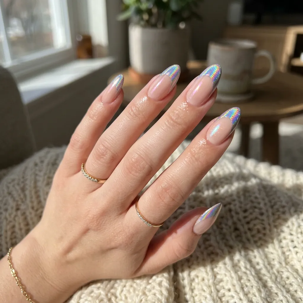 Holographic french tip nails with rainbow chrome reflections and glossy nude base