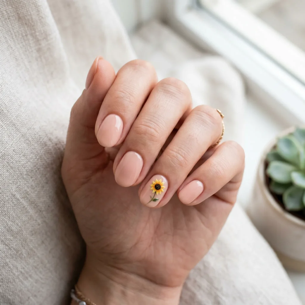 Minimalist sunflower accent nail art with single tiny sunflower on nude round nails
