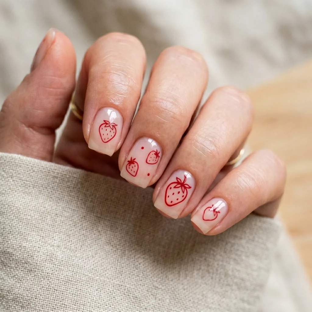 strawberry nails 2026 negative space modern short square