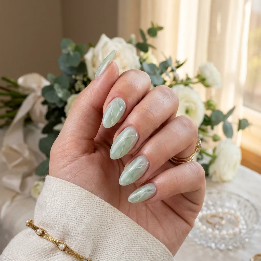 Pastel jade marble nails with milky green tones and delicate bridal-inspired veining.