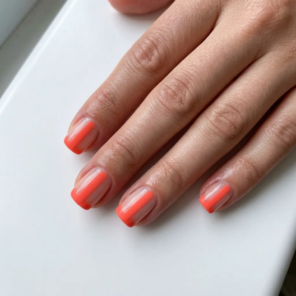 Geometric negative space nail art with coral stripe on square nails