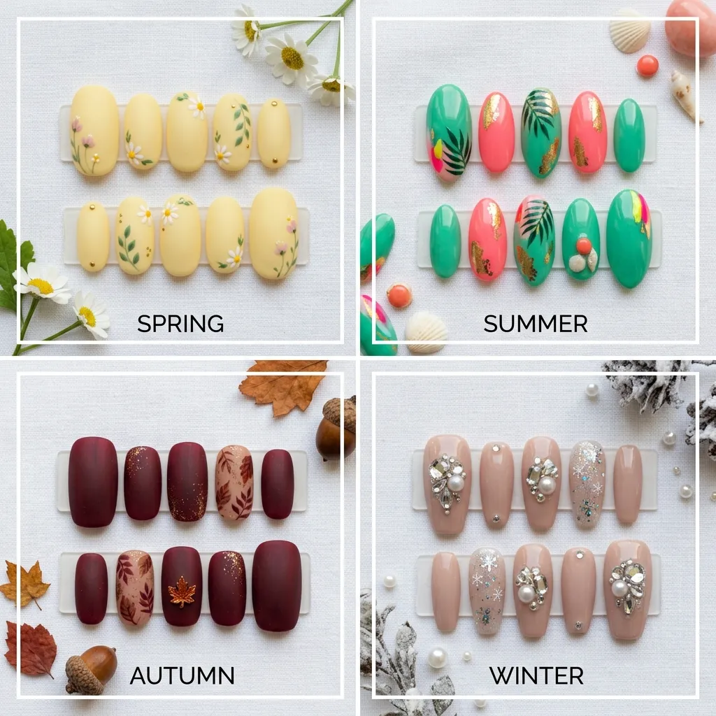 Four seasonal press-on nail sets arranged in a grid representing spring pastels, summer brights, autumn burgundy, and winter nude