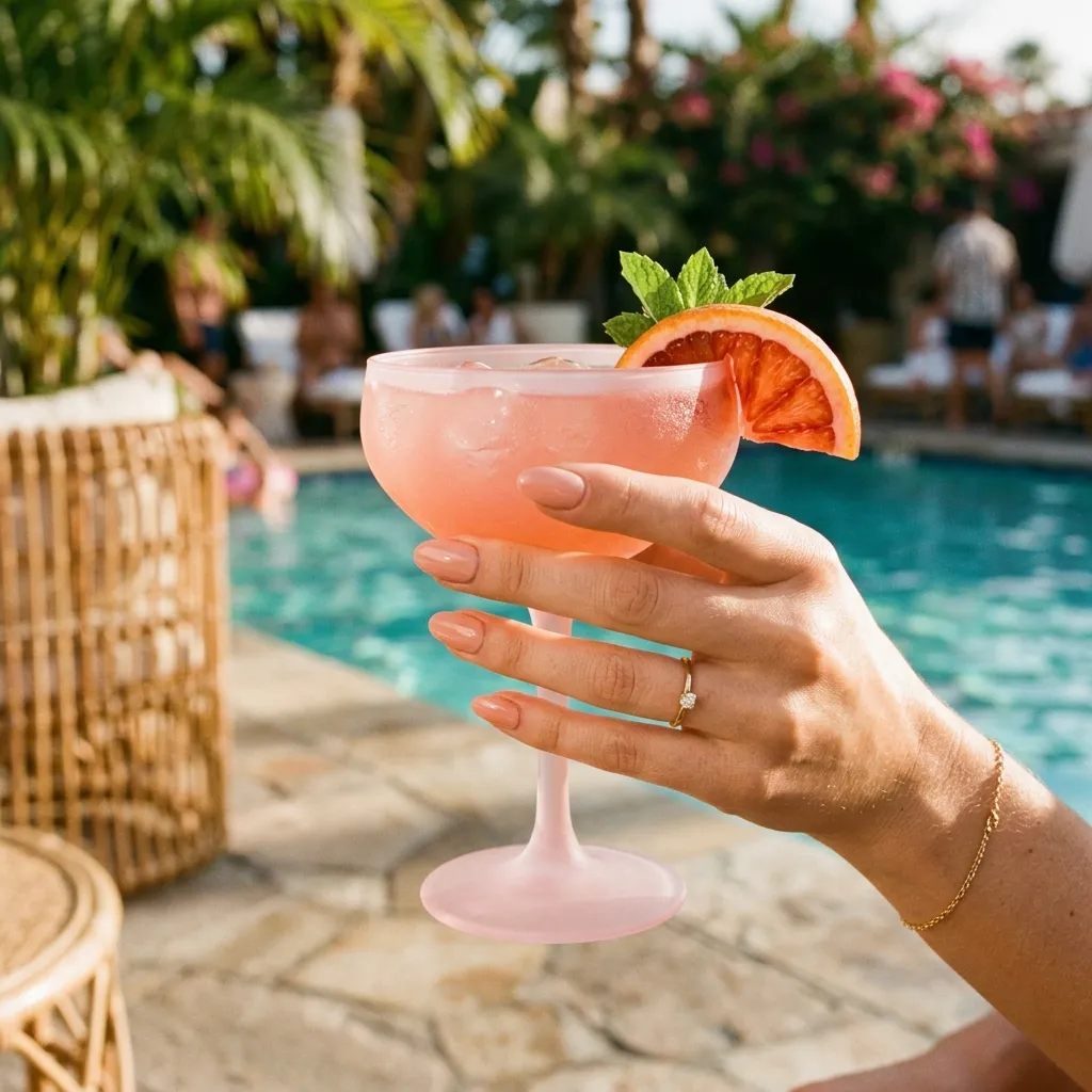 Peach blush vacation nails 2026 oval shape holding cocktail poolside